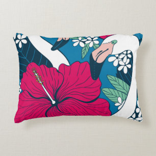 Two flamingos among hibiscus and plumeria flowers decorative cushion