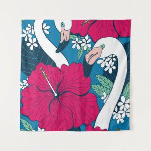 Two flamingos among hibiscus and plumeria flowers tapestry
