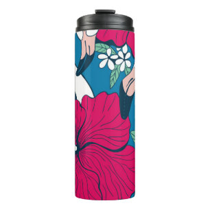 Two flamingos among hibiscus and plumeria flowers thermal tumbler
