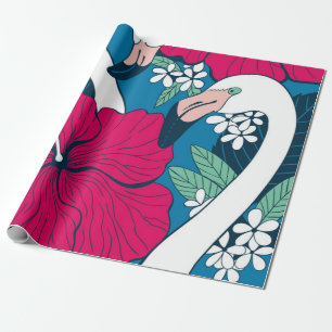 Two flamingos among hibiscus and plumeria flowers wrapping paper