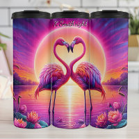 Two Flamingos Heart Sunset Lake