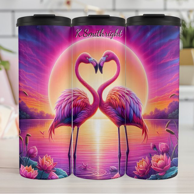 Two Flamingos Heart Sunset Lake Thermal Tumbler (Creator Uploaded)