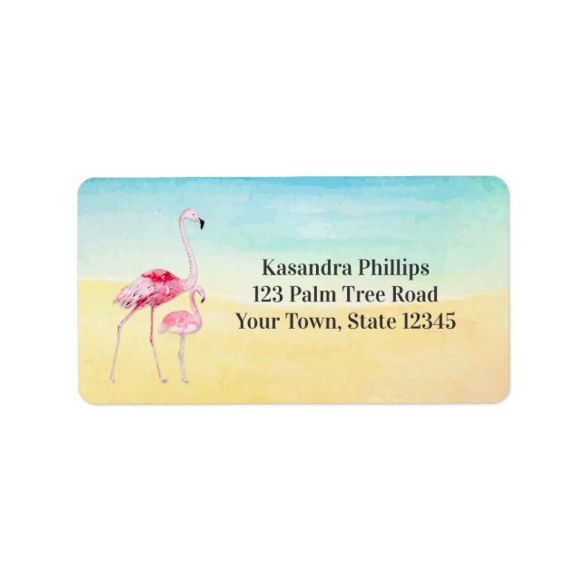Two Flamingos on Beach Label (Front)