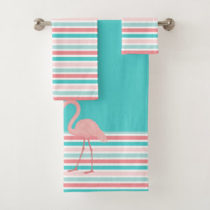 Two Flamingos Teal Pink Stripe Bath Towel Set