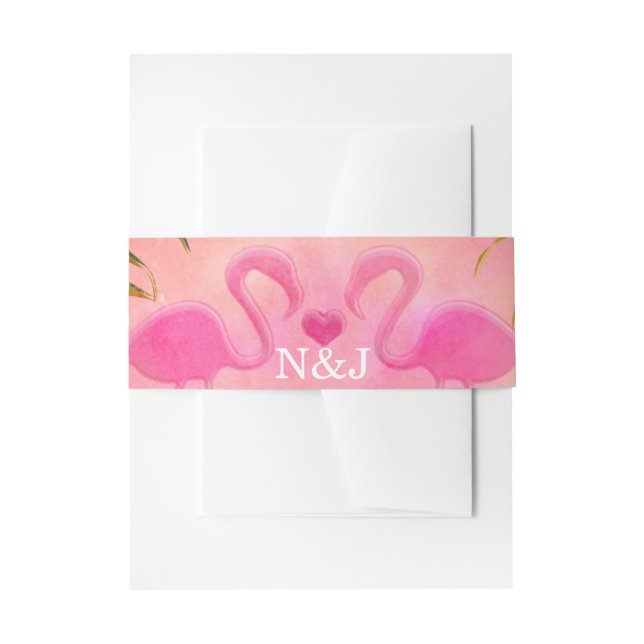Two flamingos Watercolor Summer Beach Wedding Invitation Belly Band (Front Example)