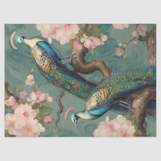 Two Floral Peacocks Decoupage Tissue Paper (Front)