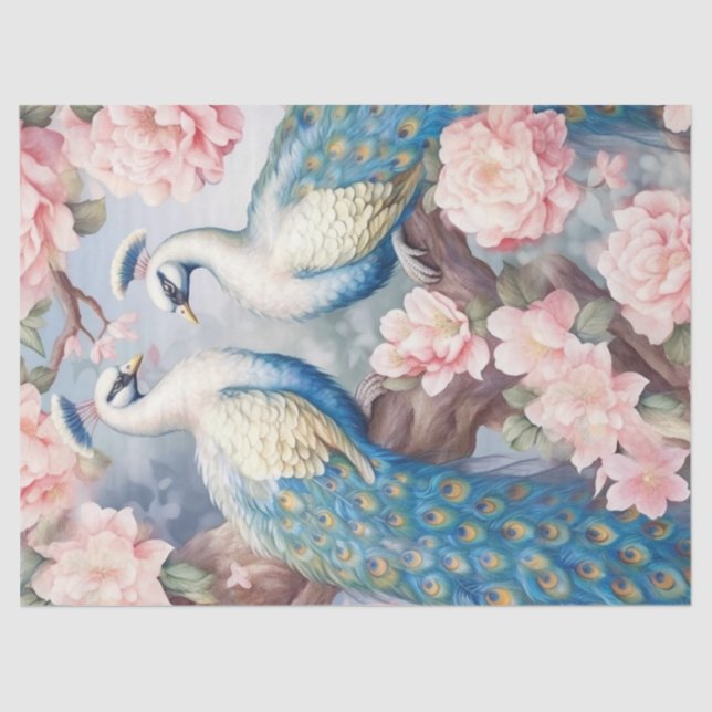 Two Floral Peacocks Decoupage Tissue Paper (Front)
