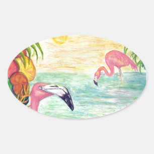 Two Florida Flamingos Watercolor Art Oval Sticker