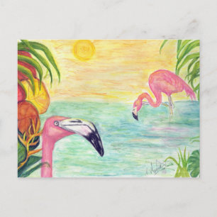 Two Florida Flamingos Watercolor Art Postcard