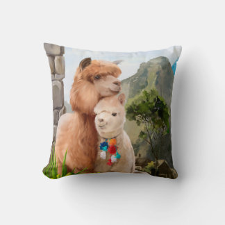 Two fluffy alpacas on the background of the lake cushion