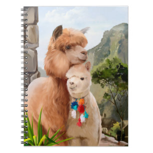 Two fluffy alpacas on the background of the lake notebook