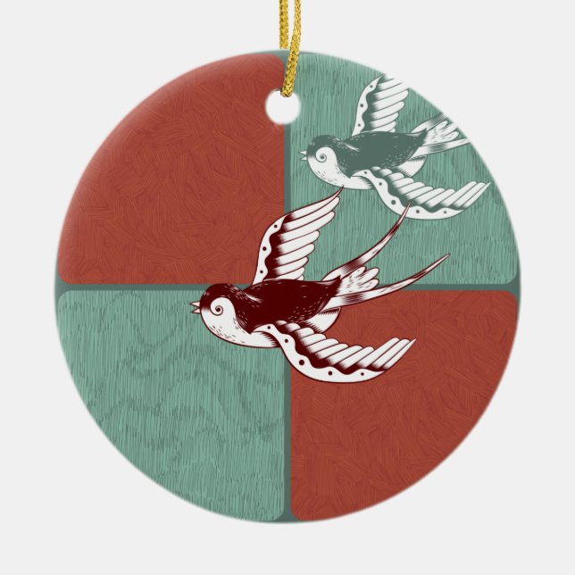 Two Flying Sparrows Birds Red Blue Colour Blocks Ceramic Tree Decoration (Front)