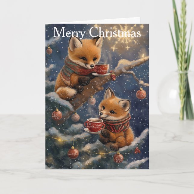 Two Foxes at Christmas Holiday Card (Front)
