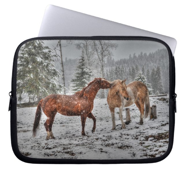Two Friendly Ranch Horses Playing in Snow Photo Laptop Sleeve (Front)