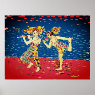 Two friends in colourful, harlequin-patterned outf poster