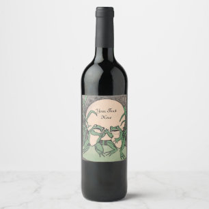 Two Fun Arguing Green Frogs on Lily Pad Full Moon Wine Label
