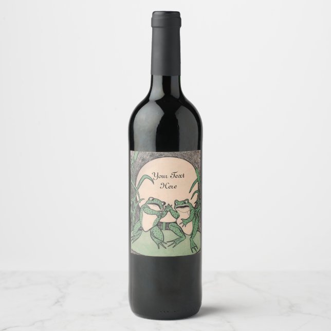 Two Fun Arguing Green Frogs on Lily Pad Full Moon Wine Label (Front)