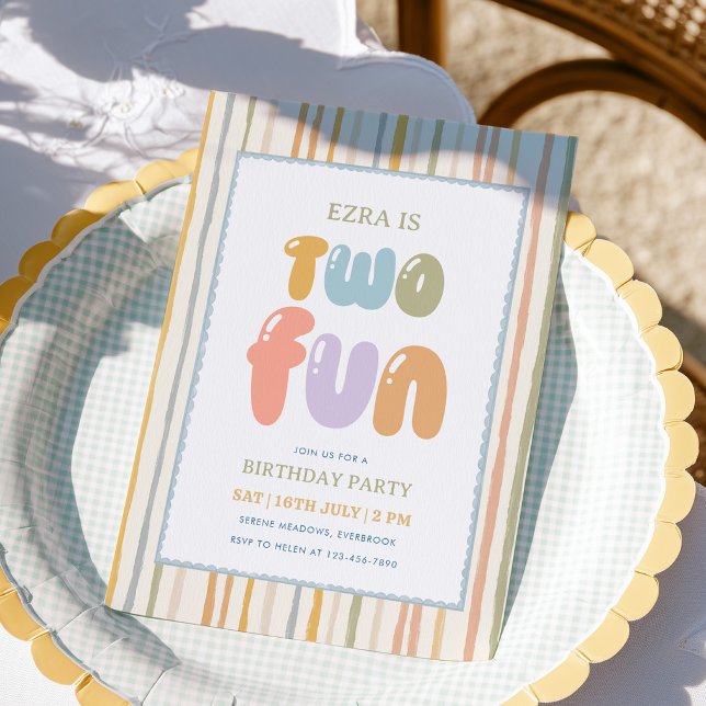 TWO Fun Pastel Stripes 2nd Birthday Invitation (Creator Uploaded)