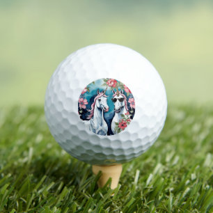 Two Funny Unicorns With Pink Flowers Golf Balls