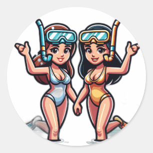 Two gals snorkelling classic round sticker
