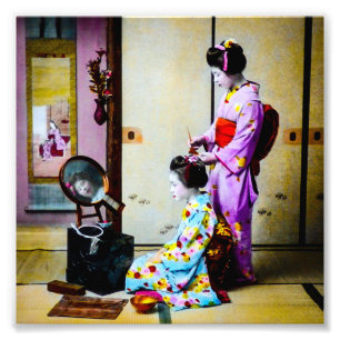 Two Geisha Doing Hair Vintage Old Japanese Photo Print