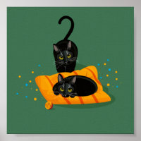 Two geometric black cats one sat on cushion
