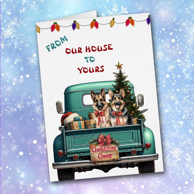 Two German Shepherd Dogs Farm Truck Christmas Card (Creator Uploaded)