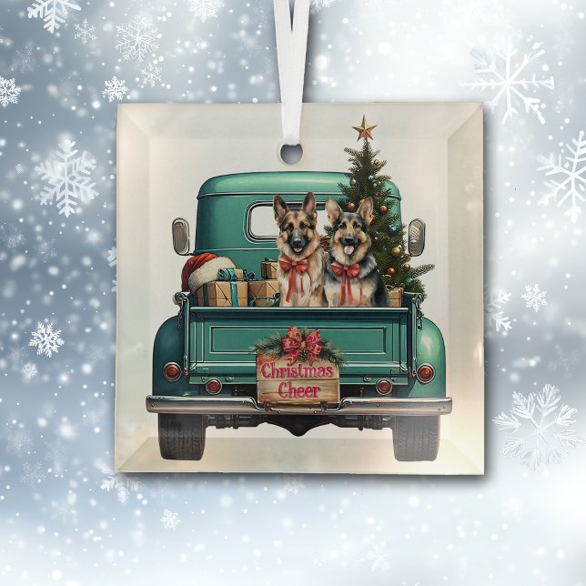 Two German Shepherd Dogs Farm Truck Christmas Glass Tree Decoration (Creator Uploaded)