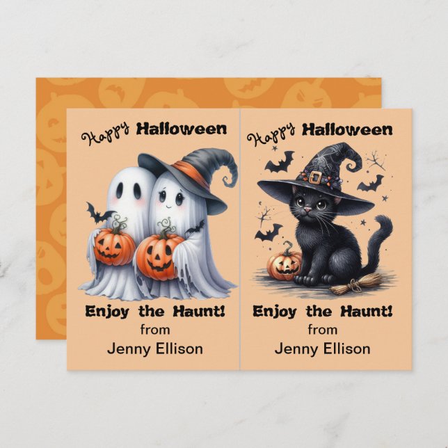 Two Ghosts and Black Cat Party Halloween Card (Front/Back)