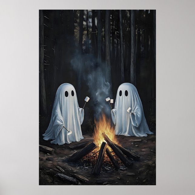 Two Ghosts By Campfire In Woods With Marshmallows Poster (Front)