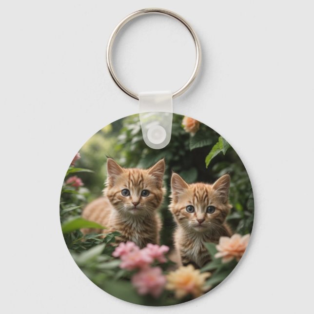 Two Ginger Kittens Exploring A Lush Garden Key Ring (Front)