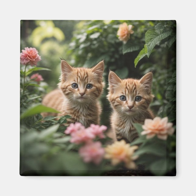 Two Ginger Kittens Exploring A Lush Garden Magnet (Front)