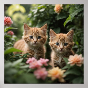 Two Ginger Kittens Exploring A Lush Garden Poster