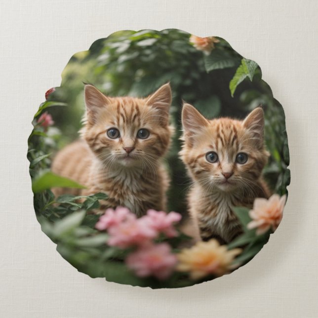 Two Ginger Kittens Exploring A Lush Garden Round Cushion (Front)