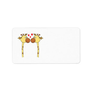 Two Giraffes with Red Love Hearts. Cartoon Label