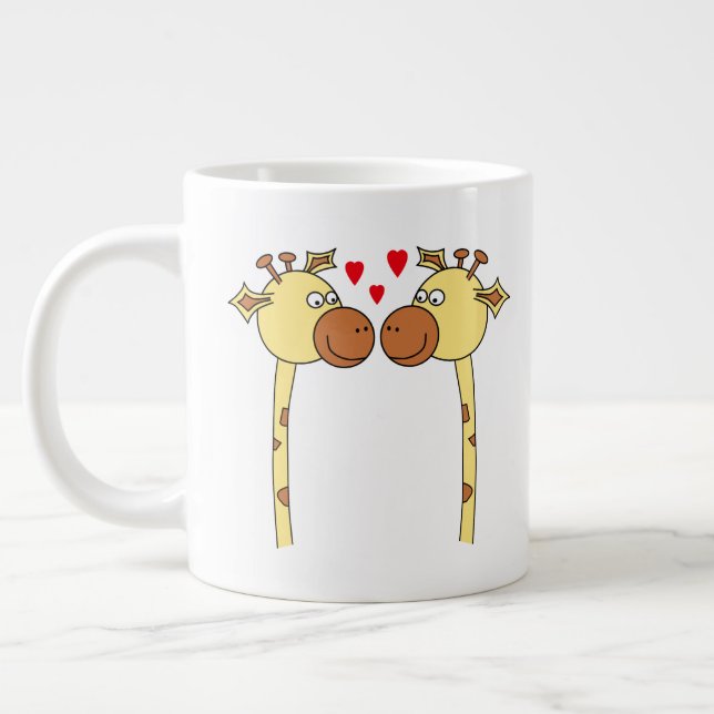 Two Giraffes with Red Love Hearts. Cartoon Large Coffee Mug (Left)