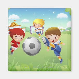 Two girls and a boy playing soccer magnet