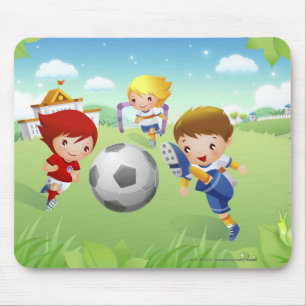 Two girls and a boy playing soccer mouse pad