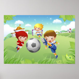 Two girls and a boy playing soccer poster