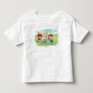 Two girls and a boy playing soccer toddler T-Shirt