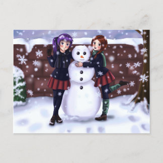 Two Girls and a Snowman Holiday Postcard
