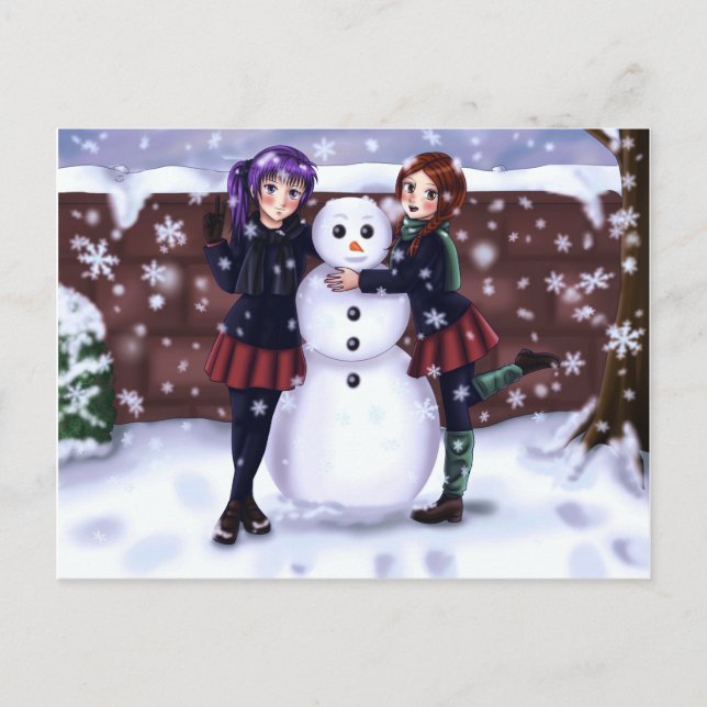Two Girls and a Snowman Holiday Postcard (Front)