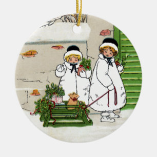 Two Girls and Pig in Sled Vintage Christmas Ceramic Tree Decoration