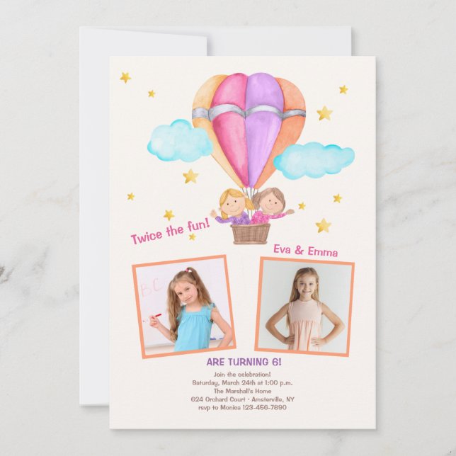 Two Girls In Hot Air Balloon Photo Birthday  Invitation (Front)