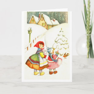 Two girls in the snow festive Christmas Holiday Card