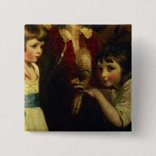 Two Girls, One Playing with a Mask, detail from th 15 Cm Square Badge