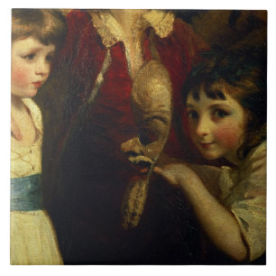 Two Girls, One Playing with a Mask, detail from th Ceramic Tile