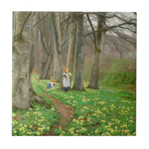 Two girls picking flowers in spring forest ceramic tile