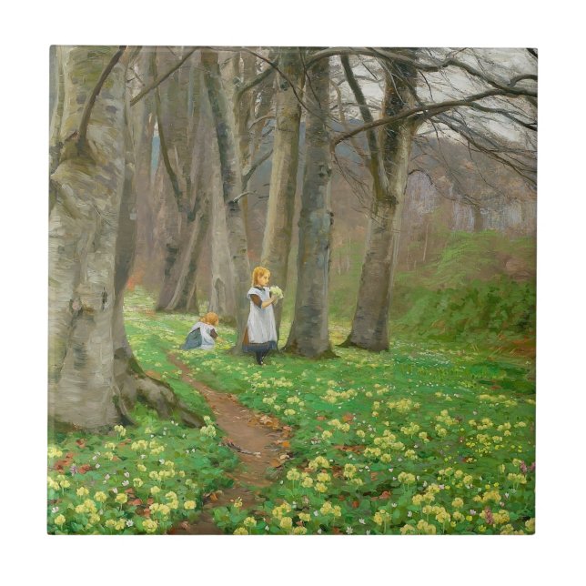 Two girls picking flowers in spring forest ceramic tile (Front)