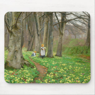 Two girls picking flowers in spring forest mouse pad
